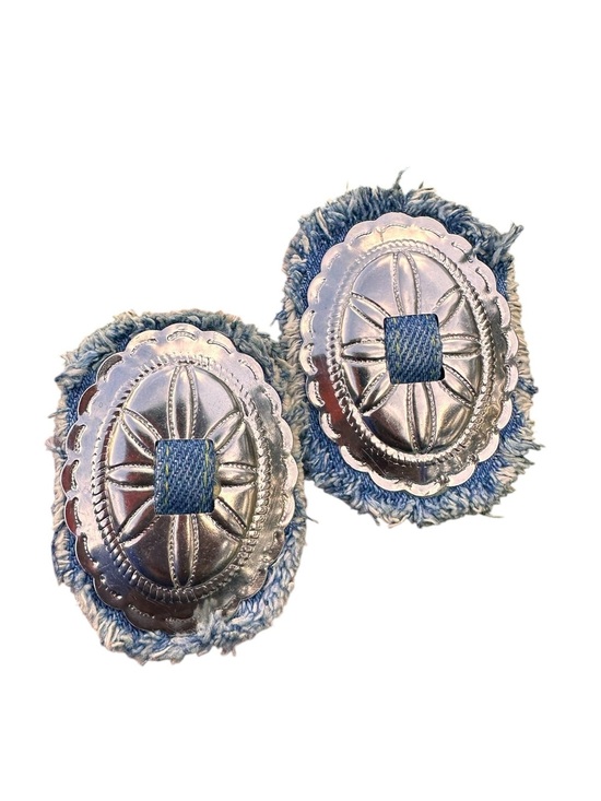 Handmade Jewelry - Vintage Denim & Silver Tone Concho Clip On Earrings Western Southwest Hat Clips